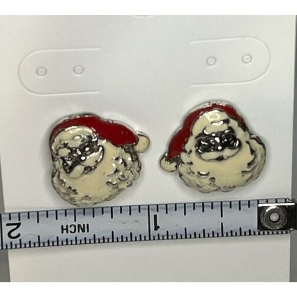 Vintage Enamel Christmas Stud Earrings Red & Cream Women’s 3/4" - Picture 2 of 3